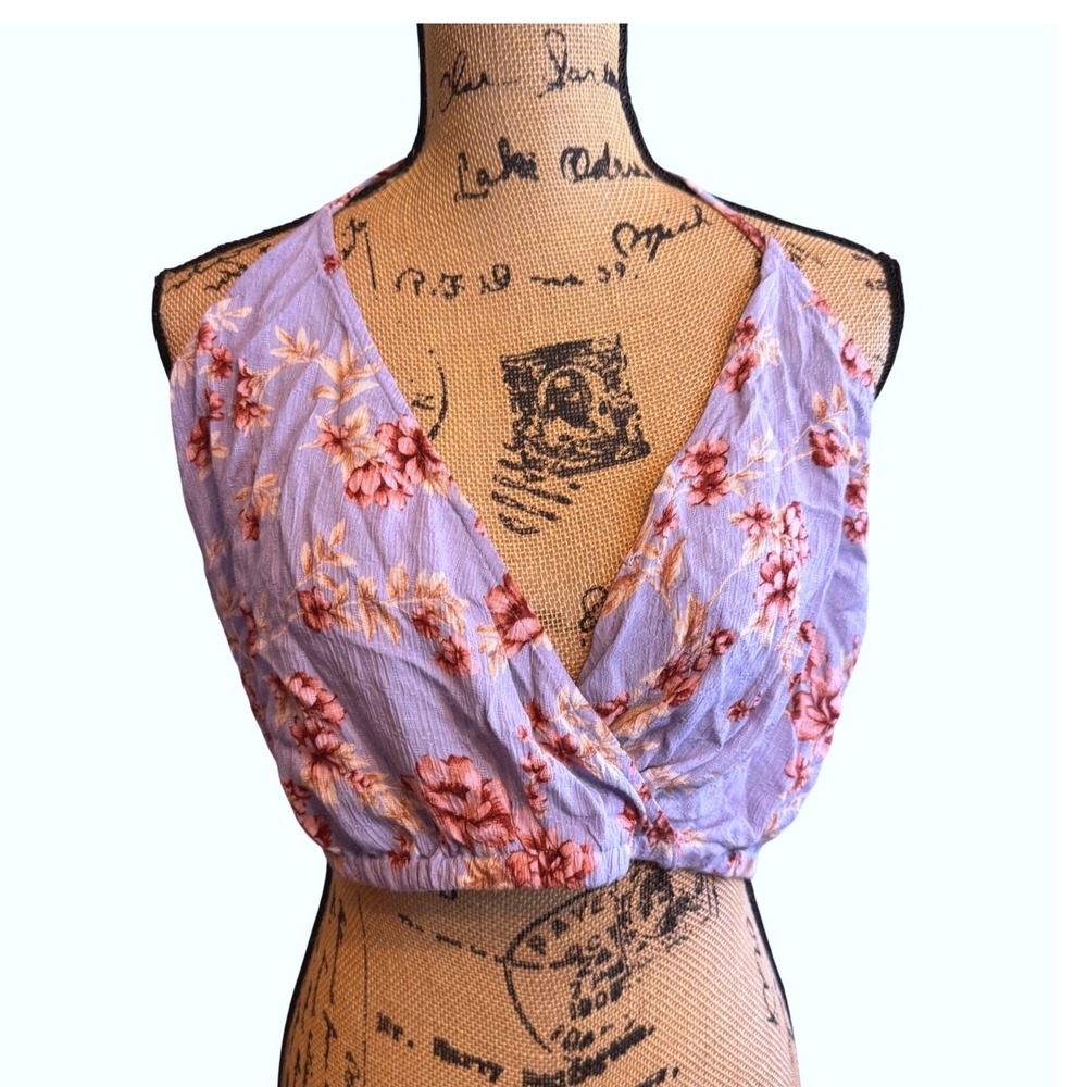 American Eagle Womens Boho Resortwear Beach Floral Halter Crop Top Purple Medium